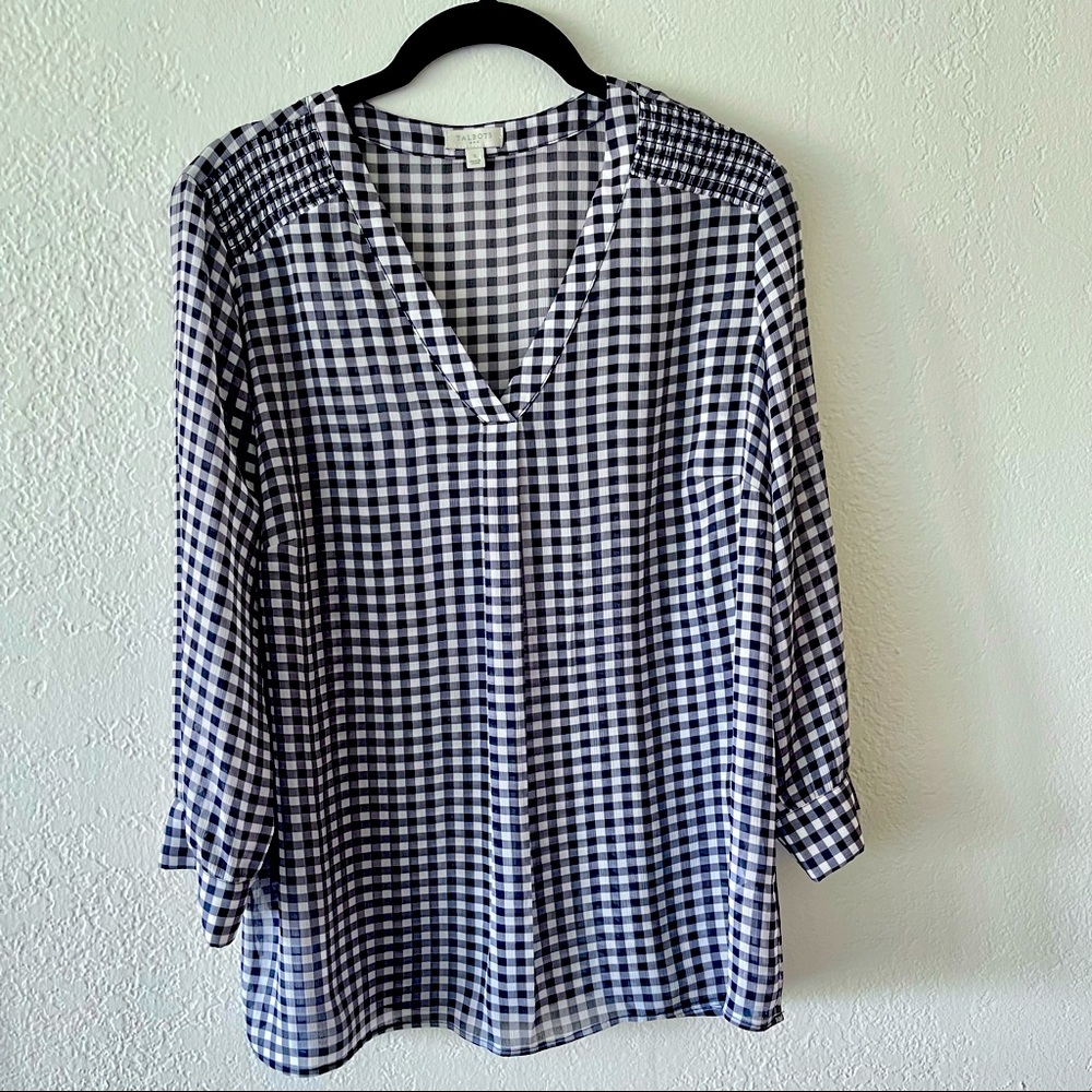Sheer Talbots V neck navy gingham tunic